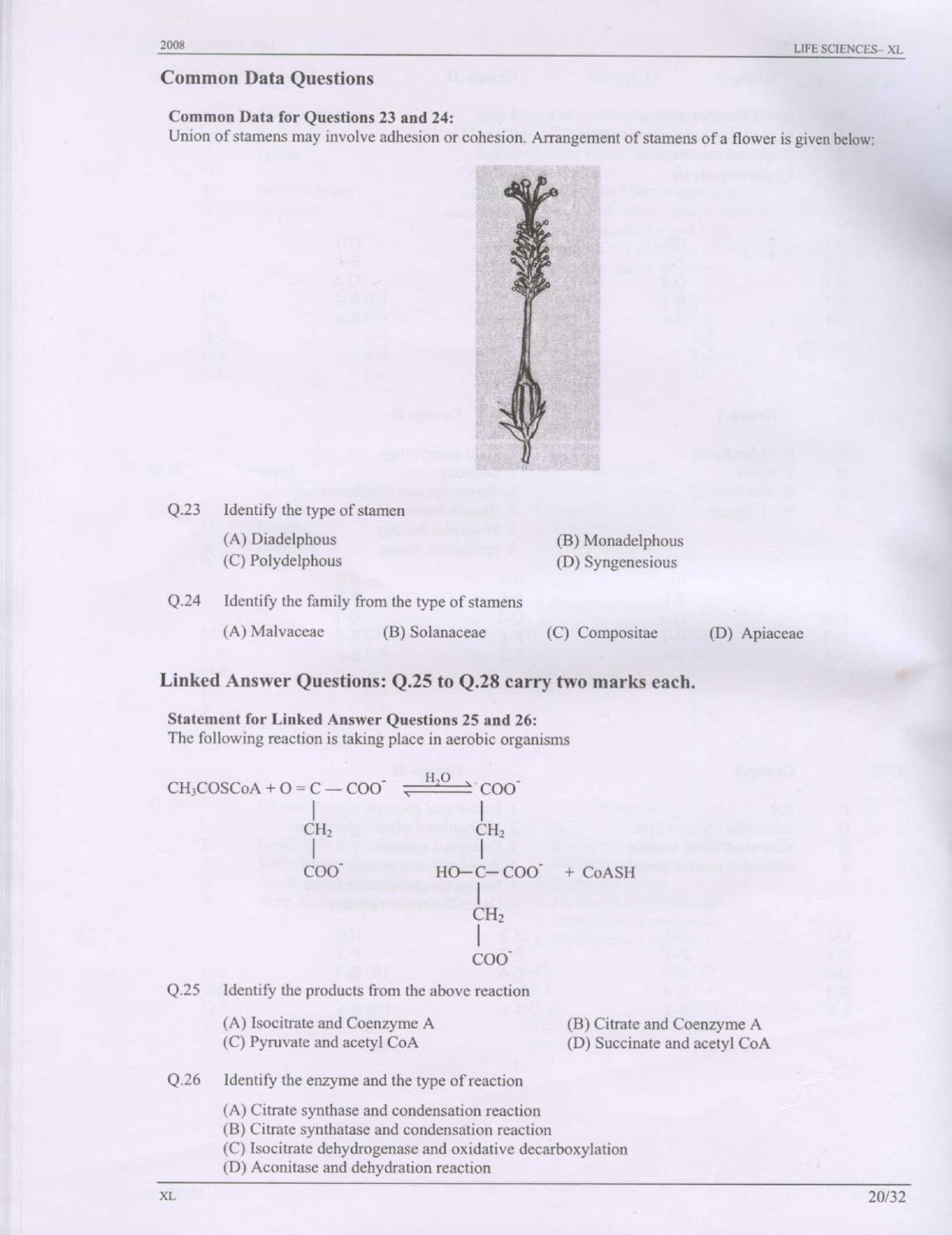 GATE 2008 Life Sciences (XL) Question Paper with Answer Key - Page 20