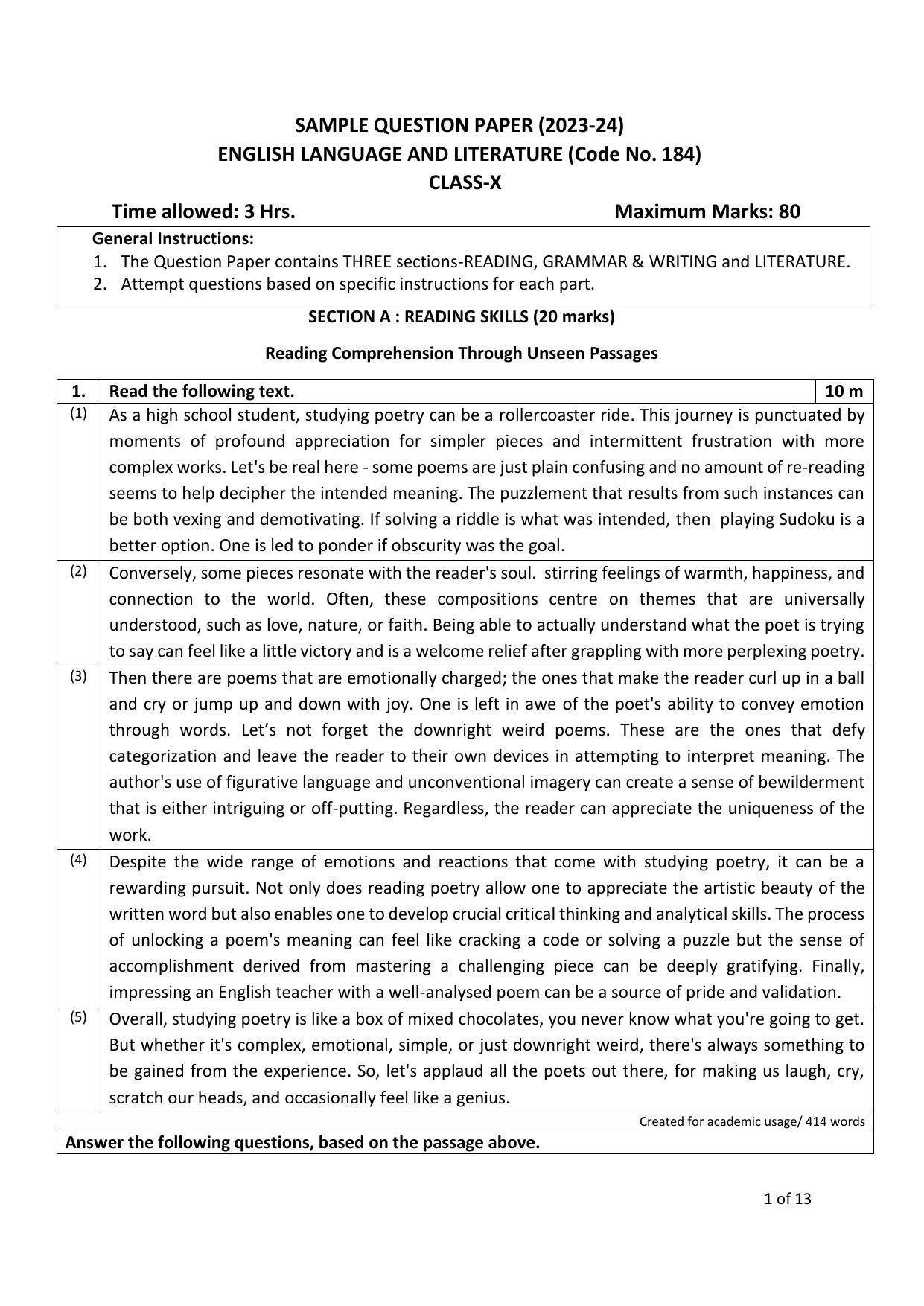 CBSE Class 10 English (Language & Literature) Sample Paper 2024 - Page 1