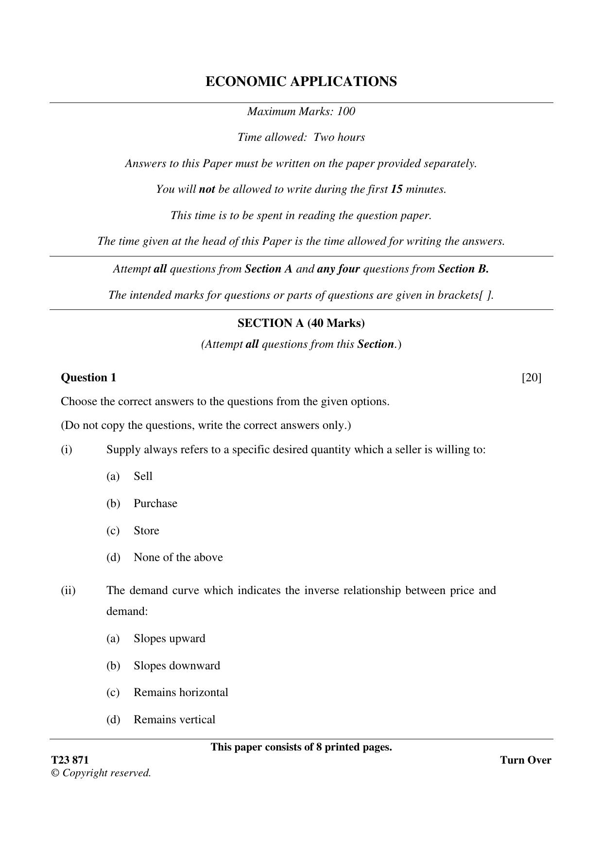 ICSE Class 10 ECONOMIC APPLICATIONS 2023 Question Paper - Page 1
