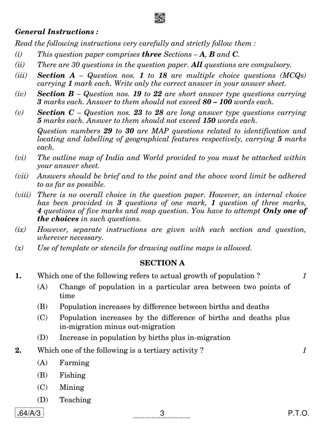 CBSE Class 12 64-C-3 - Geography 2020 Compartment Question Paper - Page 3