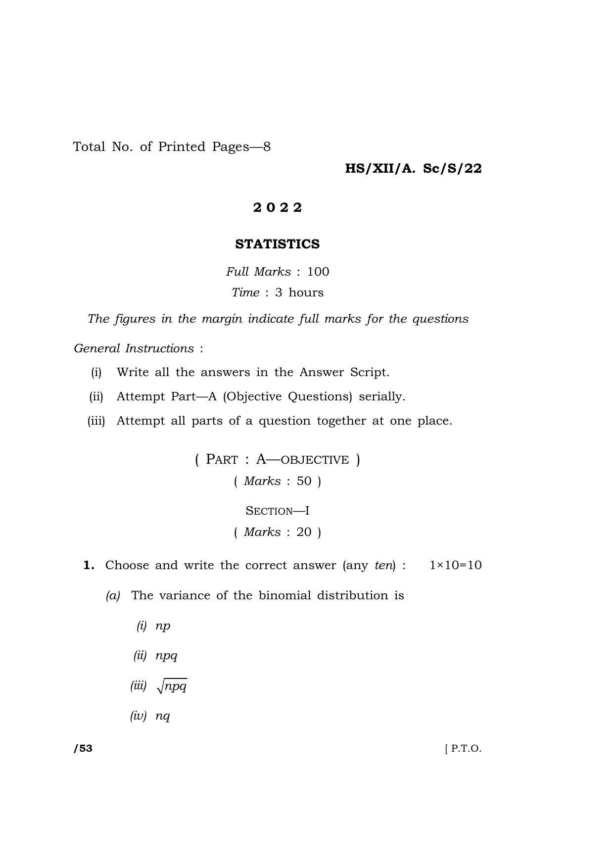 Meghalaya Board (MBOSE) Class 12 STATISTICS  (HS_XII_A.Sc._S_22) 2022 Question Paper - Page 1