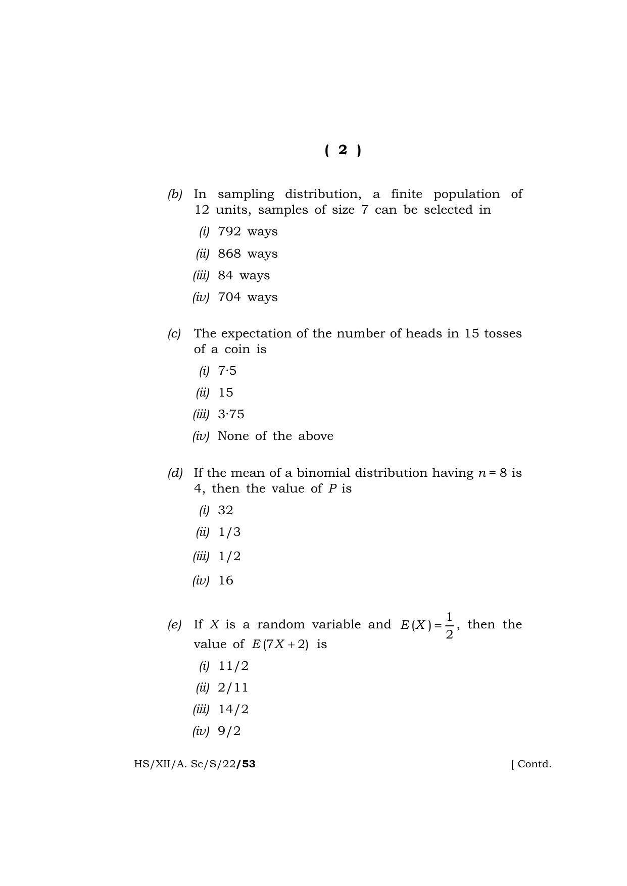 Meghalaya Board (MBOSE) Class 12 STATISTICS  (HS_XII_A.Sc._S_22) 2022 Question Paper - Page 2