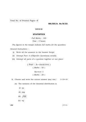 Meghalaya Board (MBOSE) Class 12 STATISTICS  (HS_XII_A.Sc._S_22) 2022 Question Paper