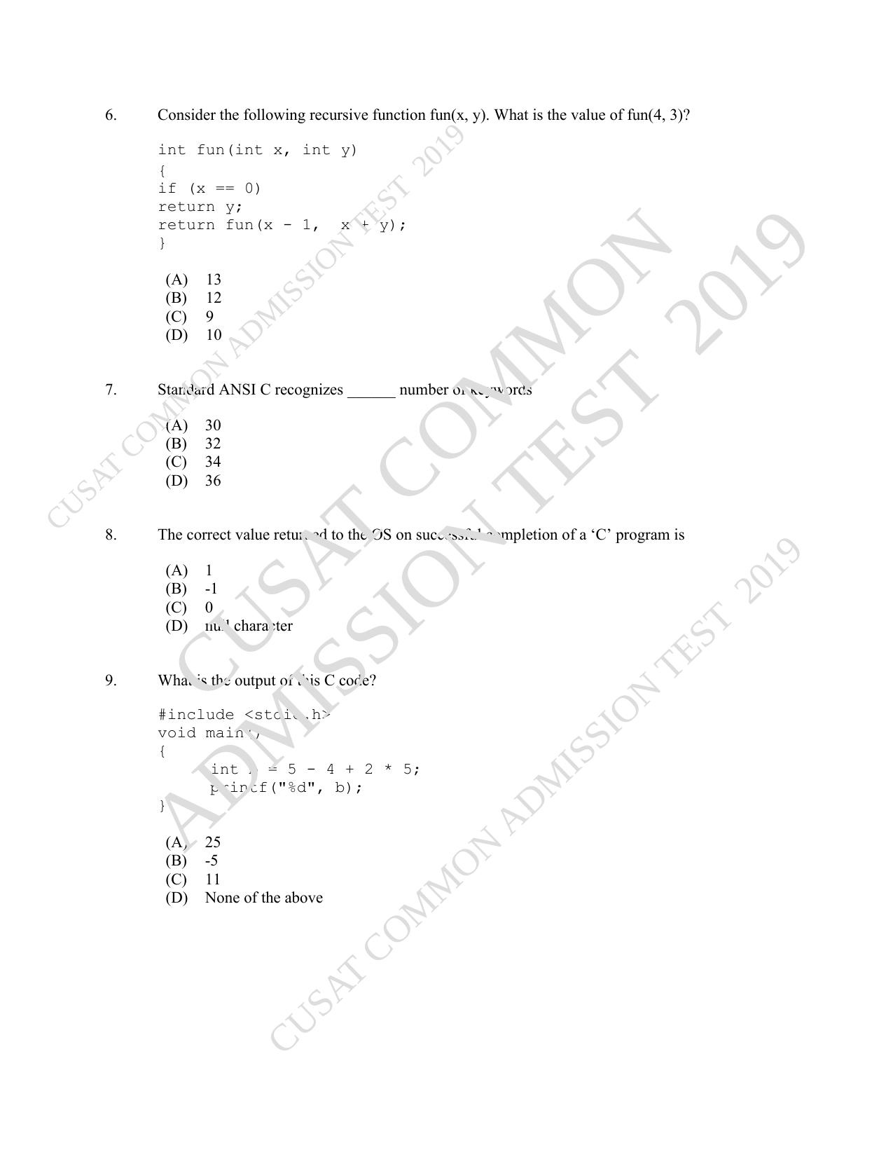 CUSAT CAT 2019 MCA Let Question Paper With Answer Key - Page 2