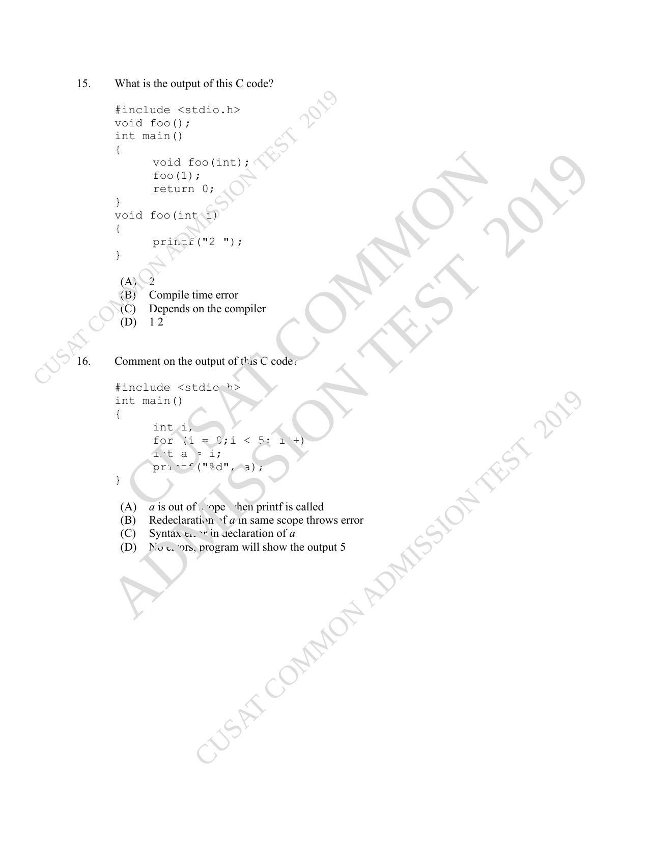 CUSAT CAT 2019 MCA Let Question Paper With Answer Key - Page 5