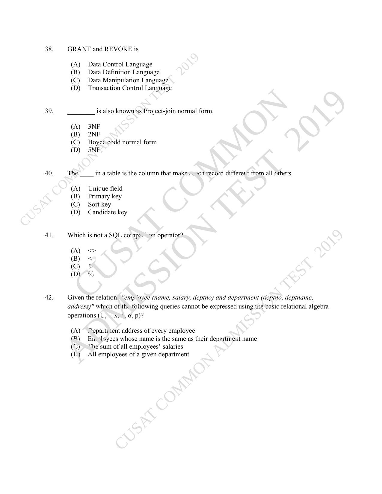 CUSAT CAT 2019 MCA Let Question Paper With Answer Key - Page 11