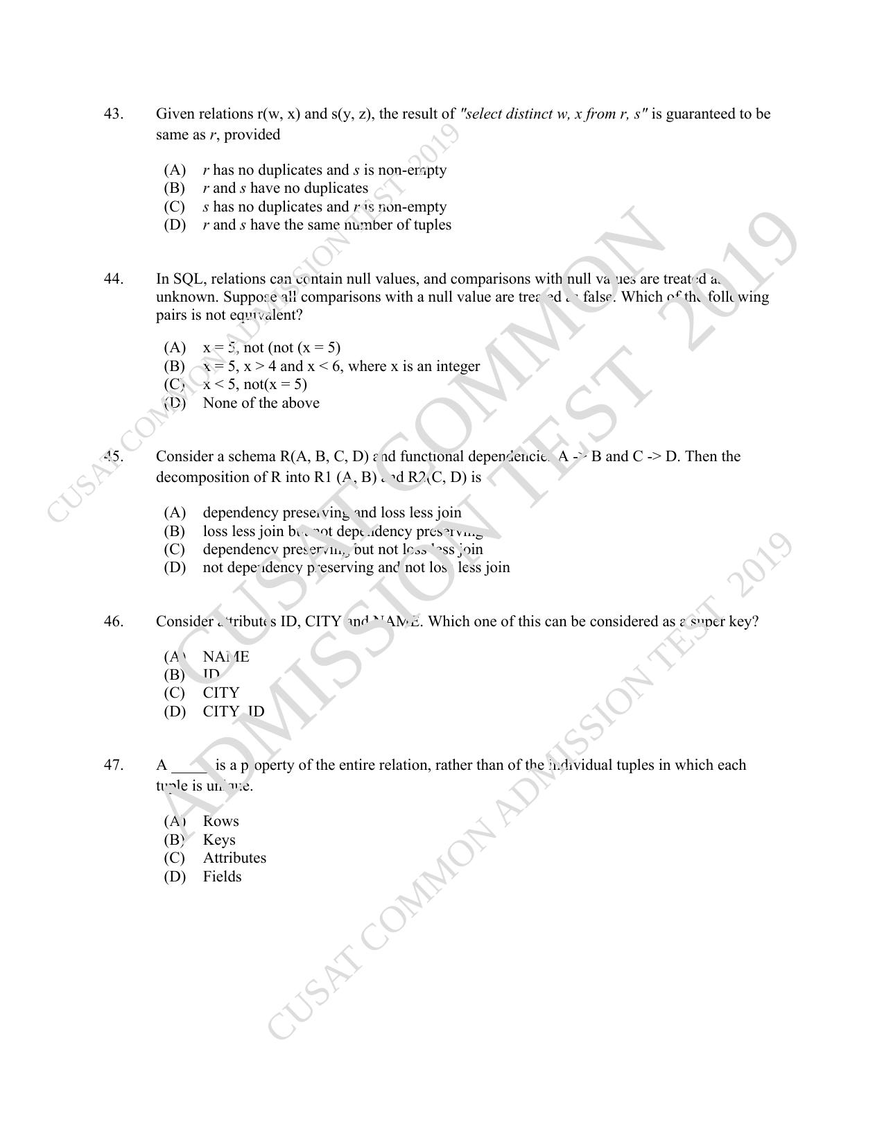 CUSAT CAT 2019 MCA Let Question Paper With Answer Key - Page 12