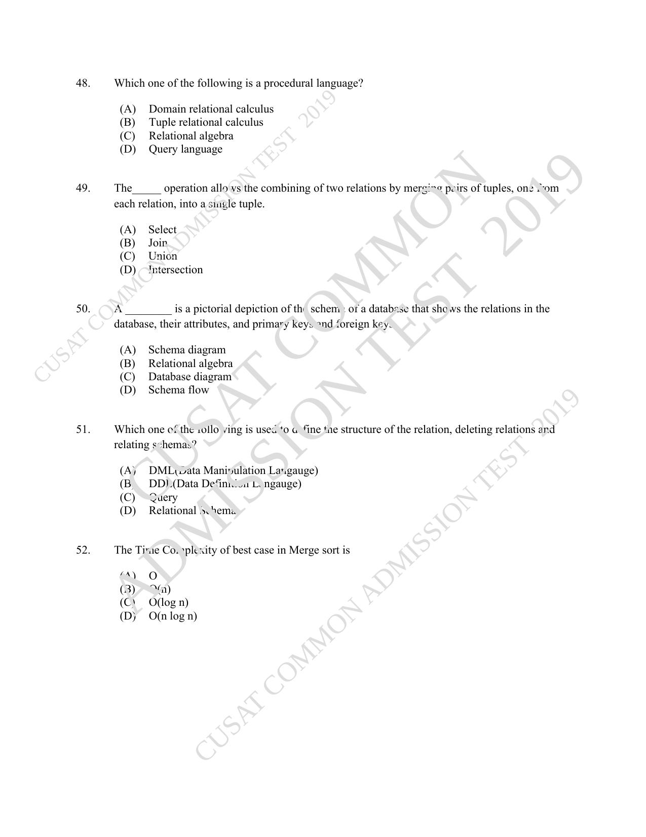 CUSAT CAT 2019 MCA Let Question Paper With Answer Key - Page 13