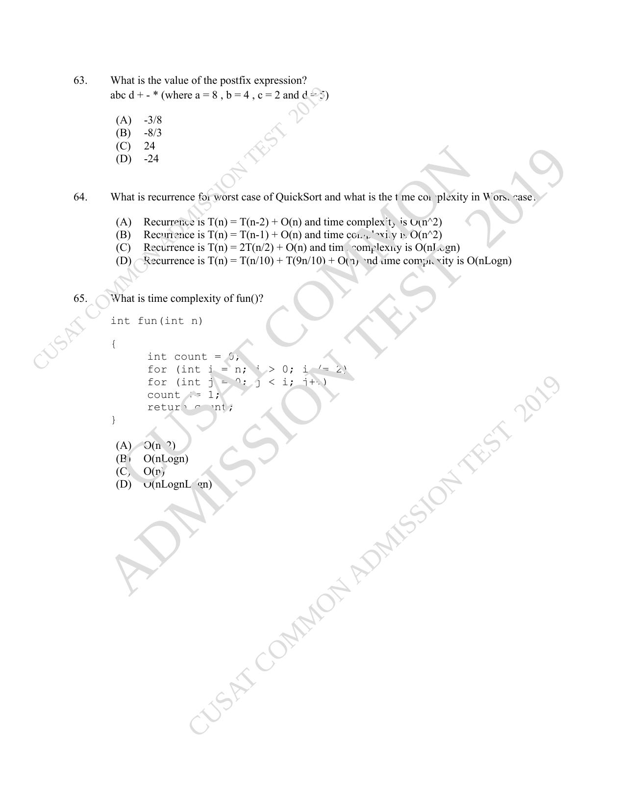 CUSAT CAT 2019 MCA Let Question Paper With Answer Key - Page 16