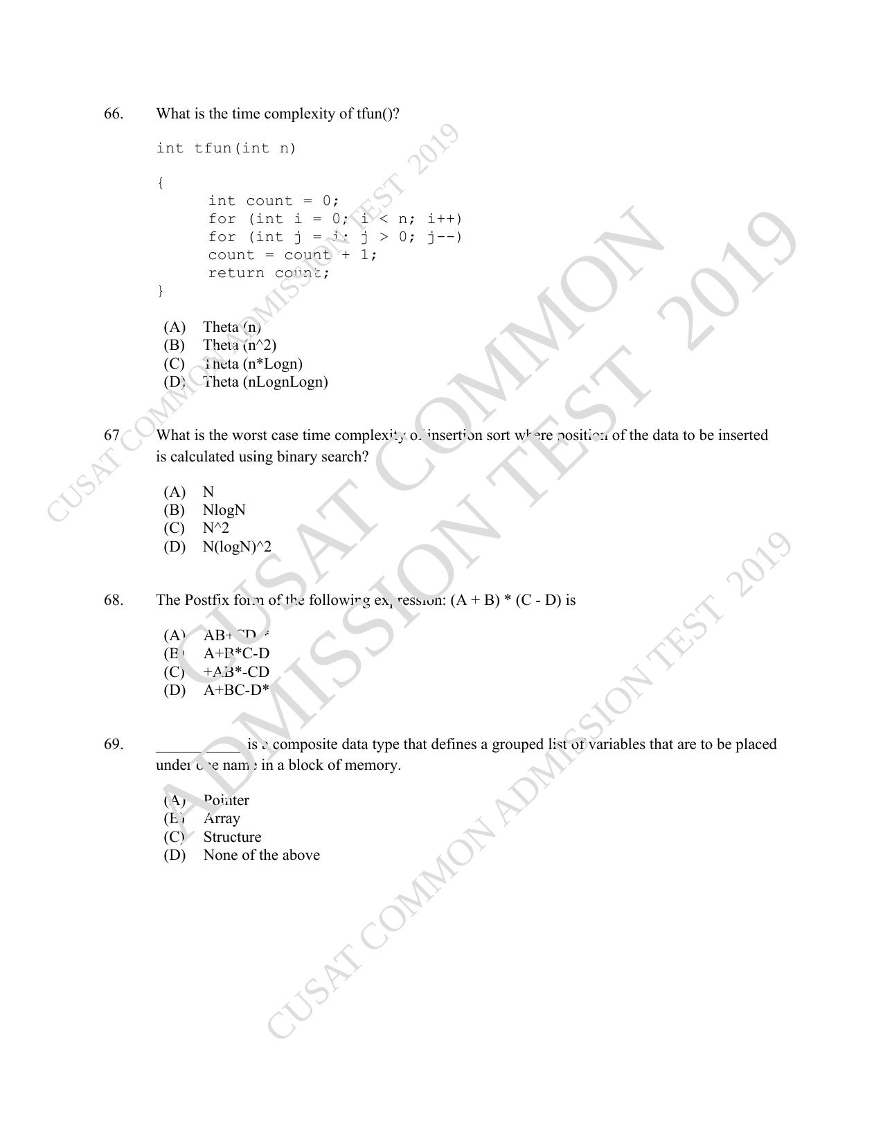 CUSAT CAT 2019 MCA Let Question Paper With Answer Key - Page 17