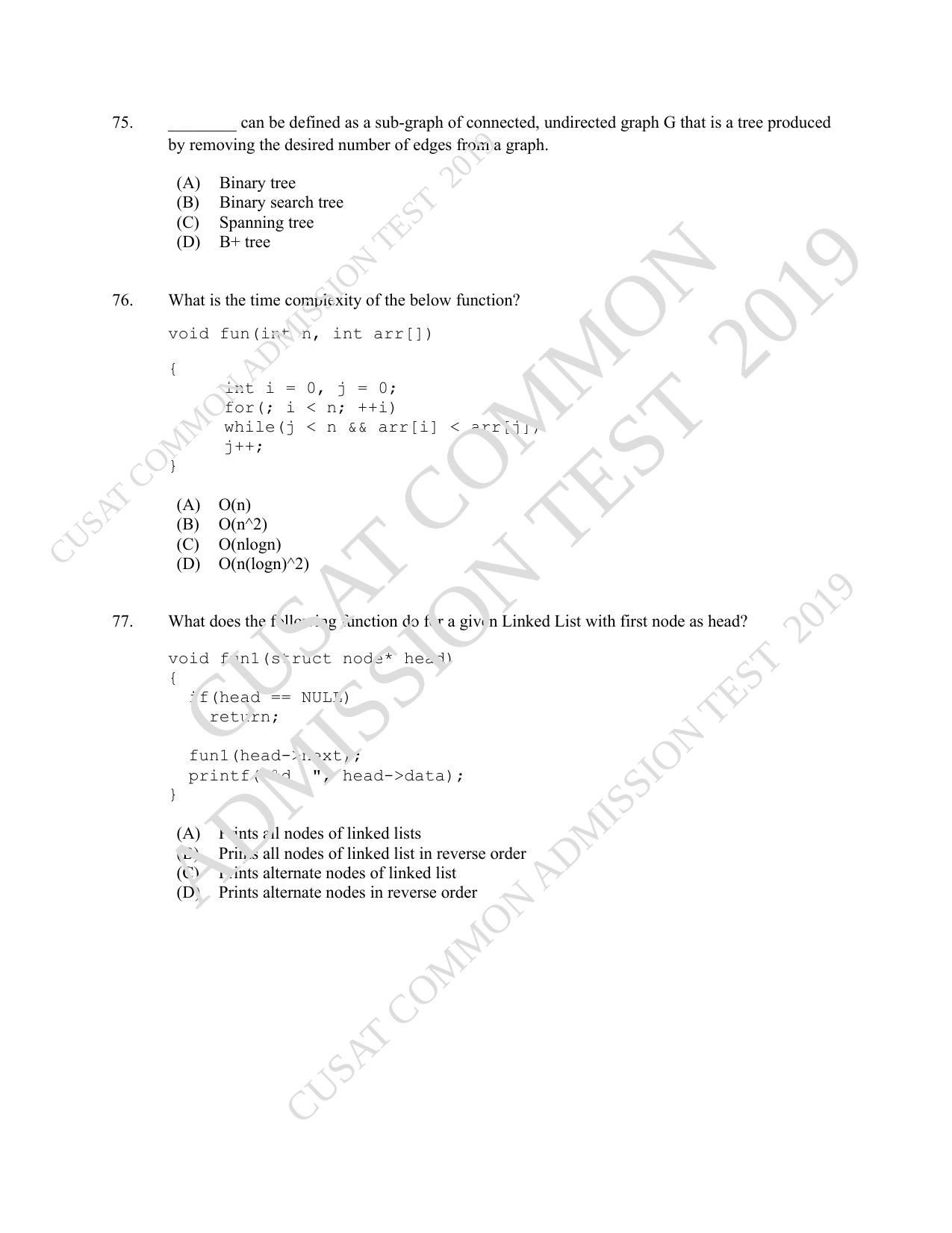 CUSAT CAT 2019 MCA Let Question Paper With Answer Key - Page 19