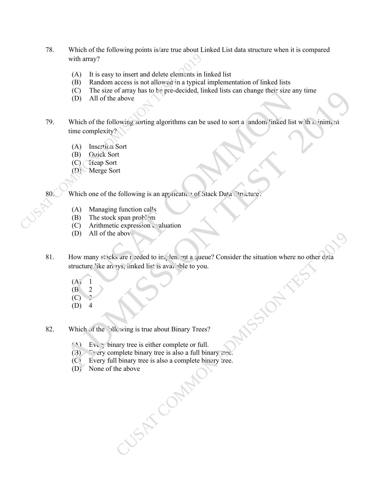 CUSAT CAT 2019 MCA Let Question Paper With Answer Key - Page 20