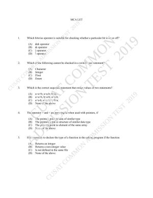 CUSAT CAT 2019 MCA Let Question Paper With Answer Key
