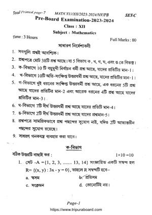 TBSE Class 12 PB Mathematics Set-C Question Paper 2024