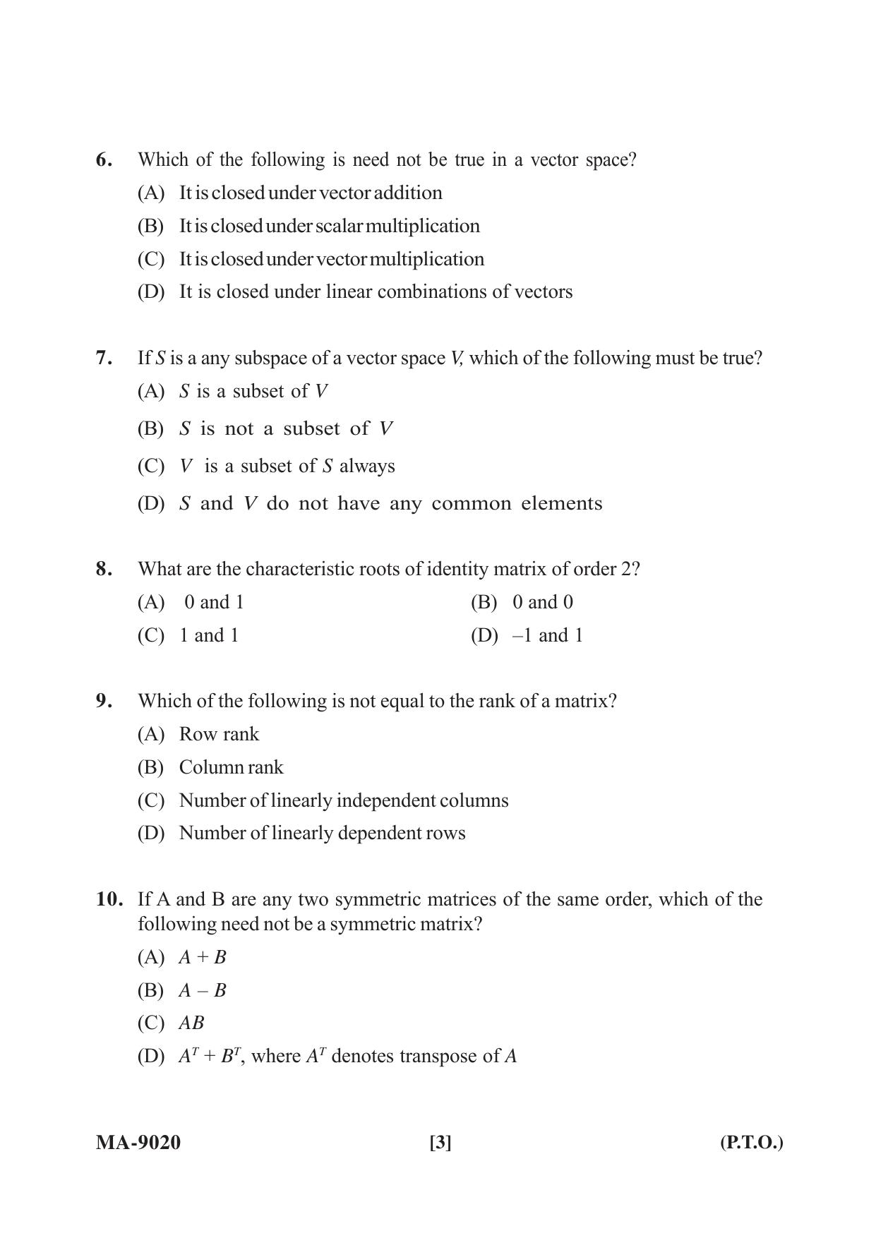 Mysore University PG Entrance Exam 2022: M.Sc Statistics Question Paper - Page 3