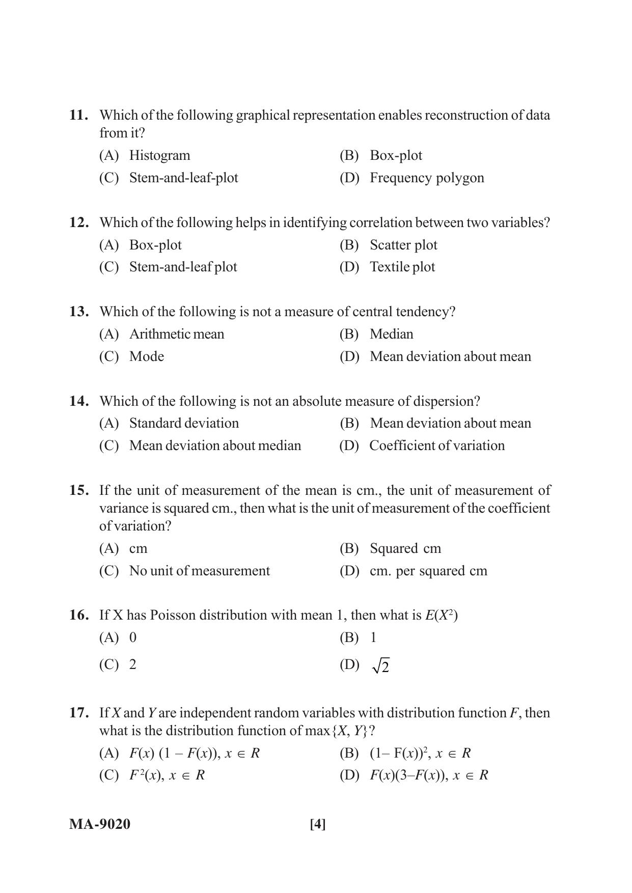 Mysore University PG Entrance Exam 2022: M.Sc Statistics Question Paper - Page 4