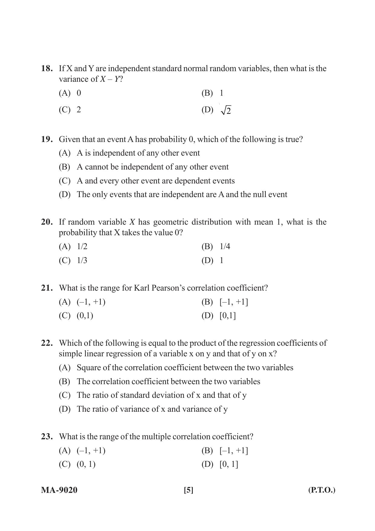 Mysore University PG Entrance Exam 2022: M.Sc Statistics Question Paper - Page 5
