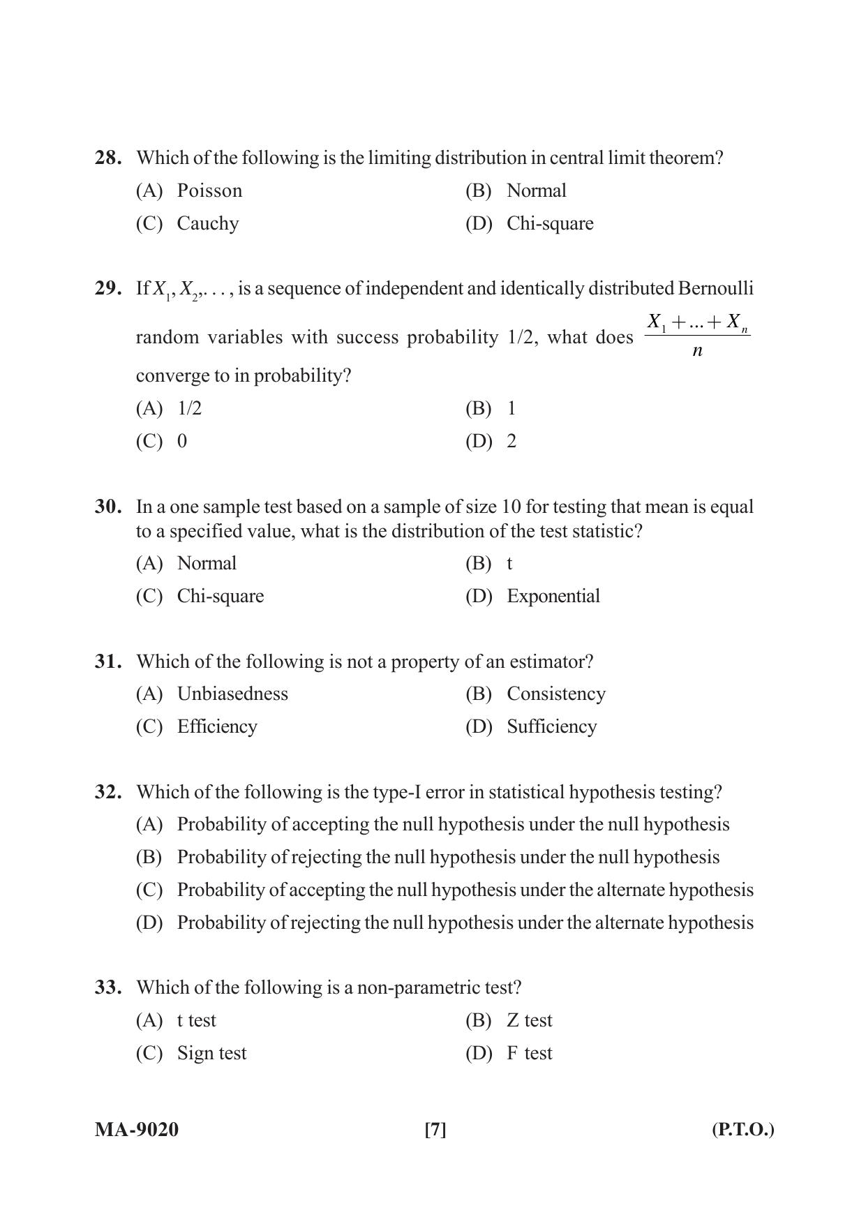 Mysore University PG Entrance Exam 2022: M.Sc Statistics Question Paper - Page 7