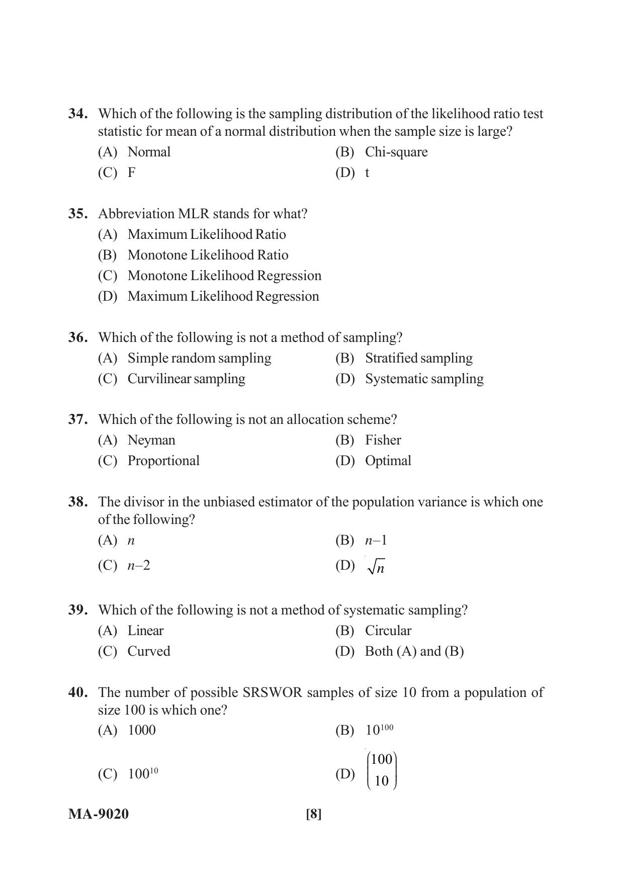 Mysore University PG Entrance Exam 2022: M.Sc Statistics Question Paper - Page 8