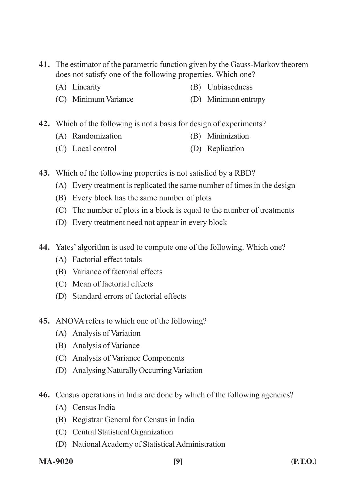 Mysore University PG Entrance Exam 2022: M.Sc Statistics Question Paper - Page 9