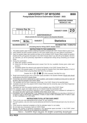 Mysore University PG Entrance Exam 2022: M.Sc Statistics Question Paper