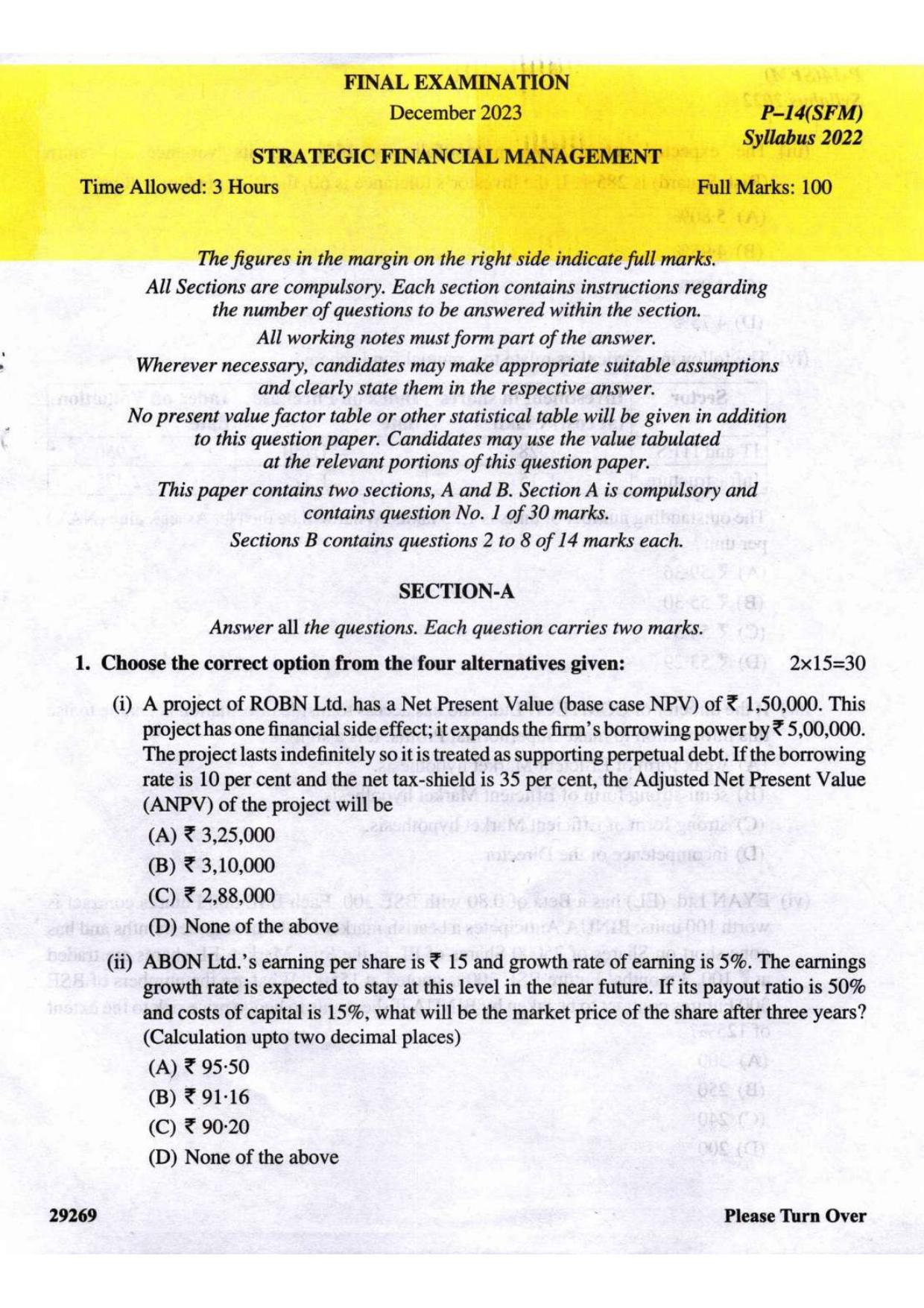 ICMAI Final December 2023 Question Paper - Strategic Financial Managemnt - Page 1