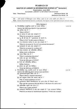 Bilaspur University Question Paper June 2022:Master of Library & Information Science (Second Semester) Academic Library And Information system Paper 1