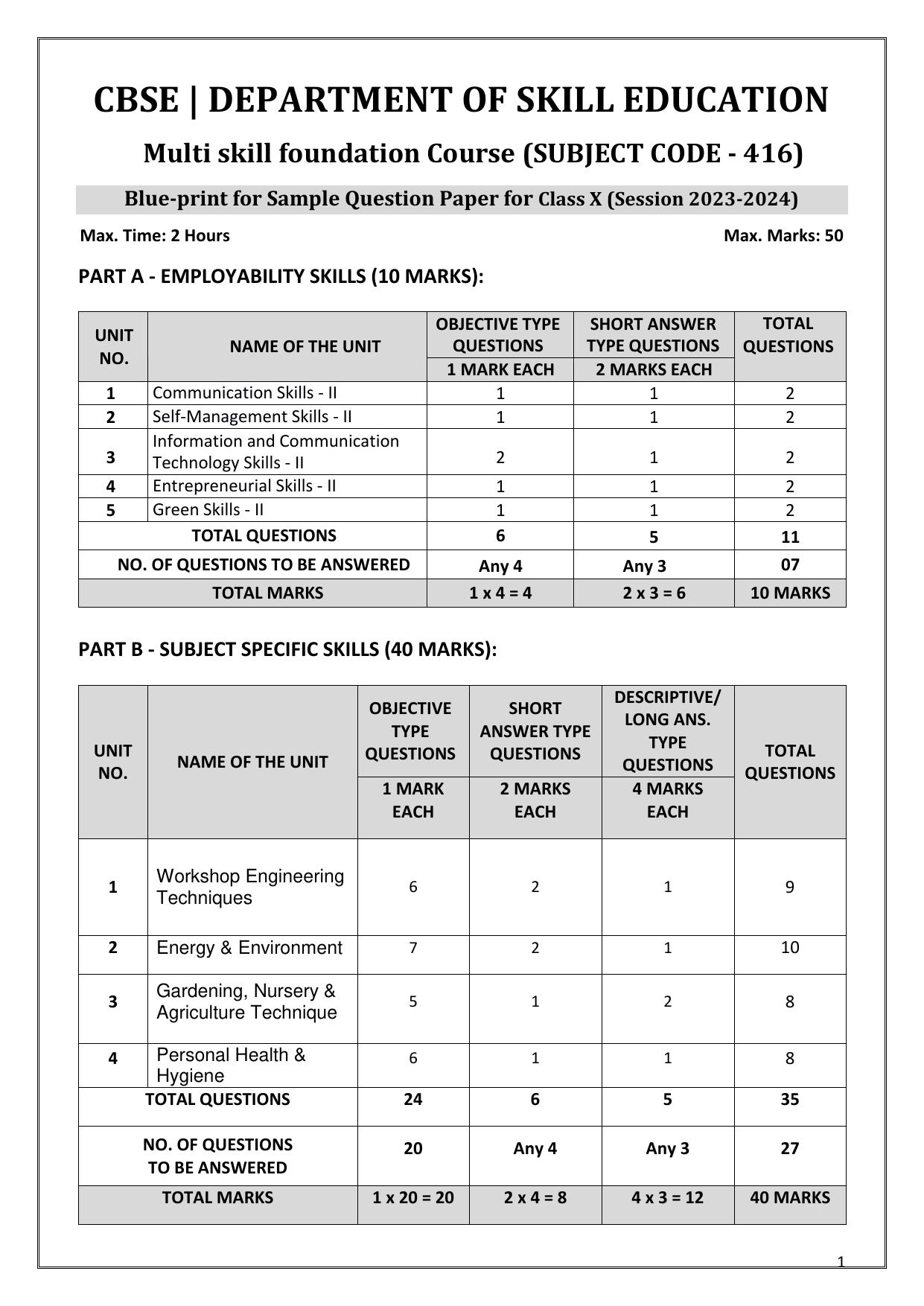 CBSE Class 10 (Skill Education) Multi Skill Foundation Course 2024 Sample Paper - Page 1