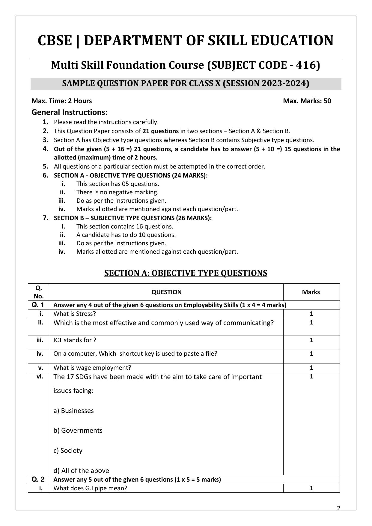 CBSE Class 10 (Skill Education) Multi Skill Foundation Course 2024 Sample Paper - Page 2