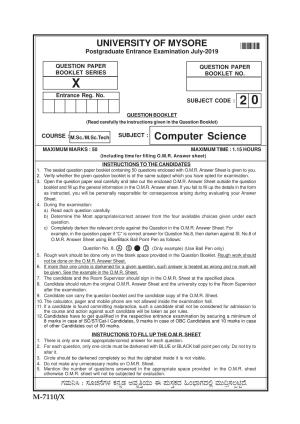 Mysore University PG Entrance Exam 2019: Computer Science Question Paper