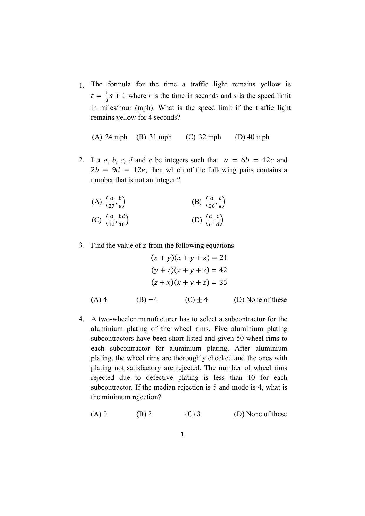 ISI Admission Test M.S.(QMS) QMA 2022 Sample Paper - Page 1