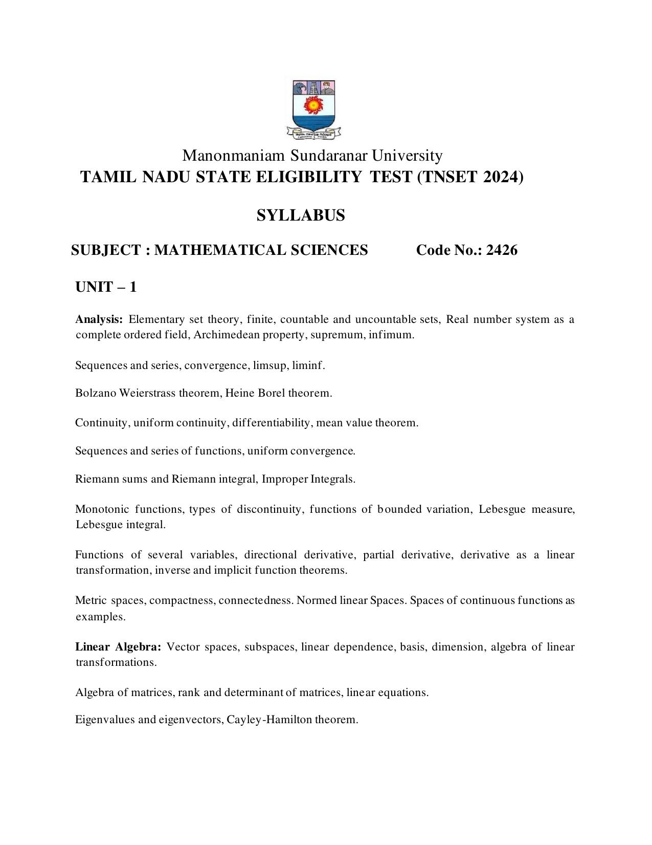 TNSET Syllabus - Mathematical Sciences - Page 1