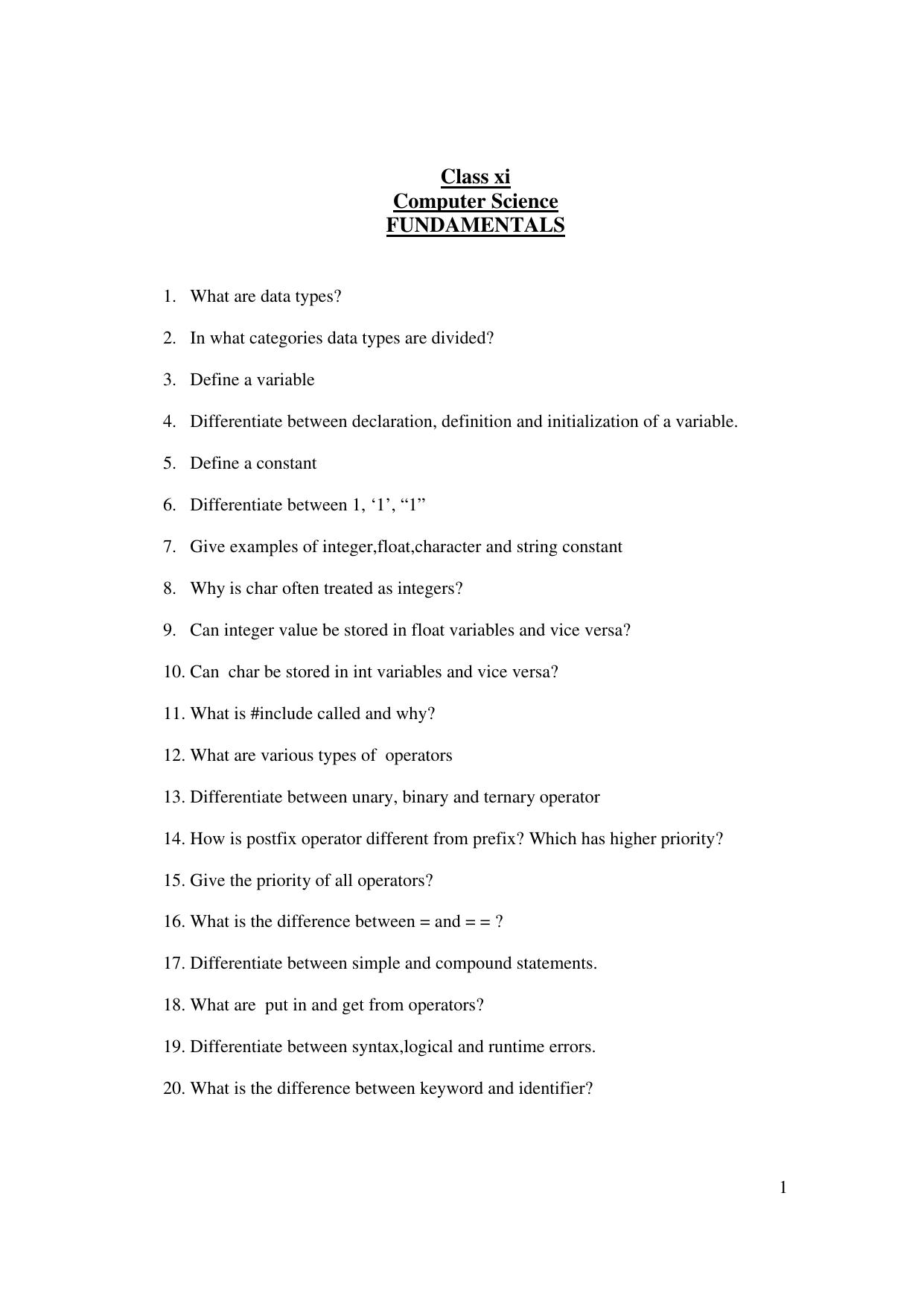 CBSE Worksheets for Class 11 Computer Science Assignment 8 - Page 1