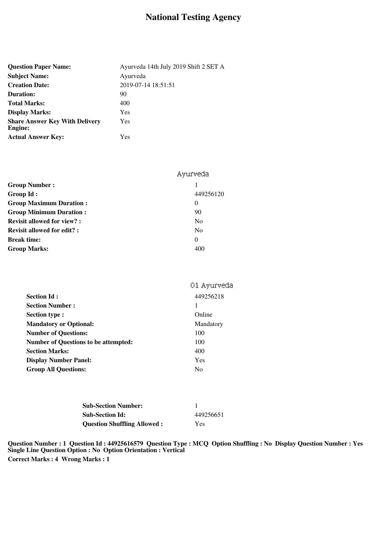 AIAPGET 2019 Ayurveda Question Paper - Page 1