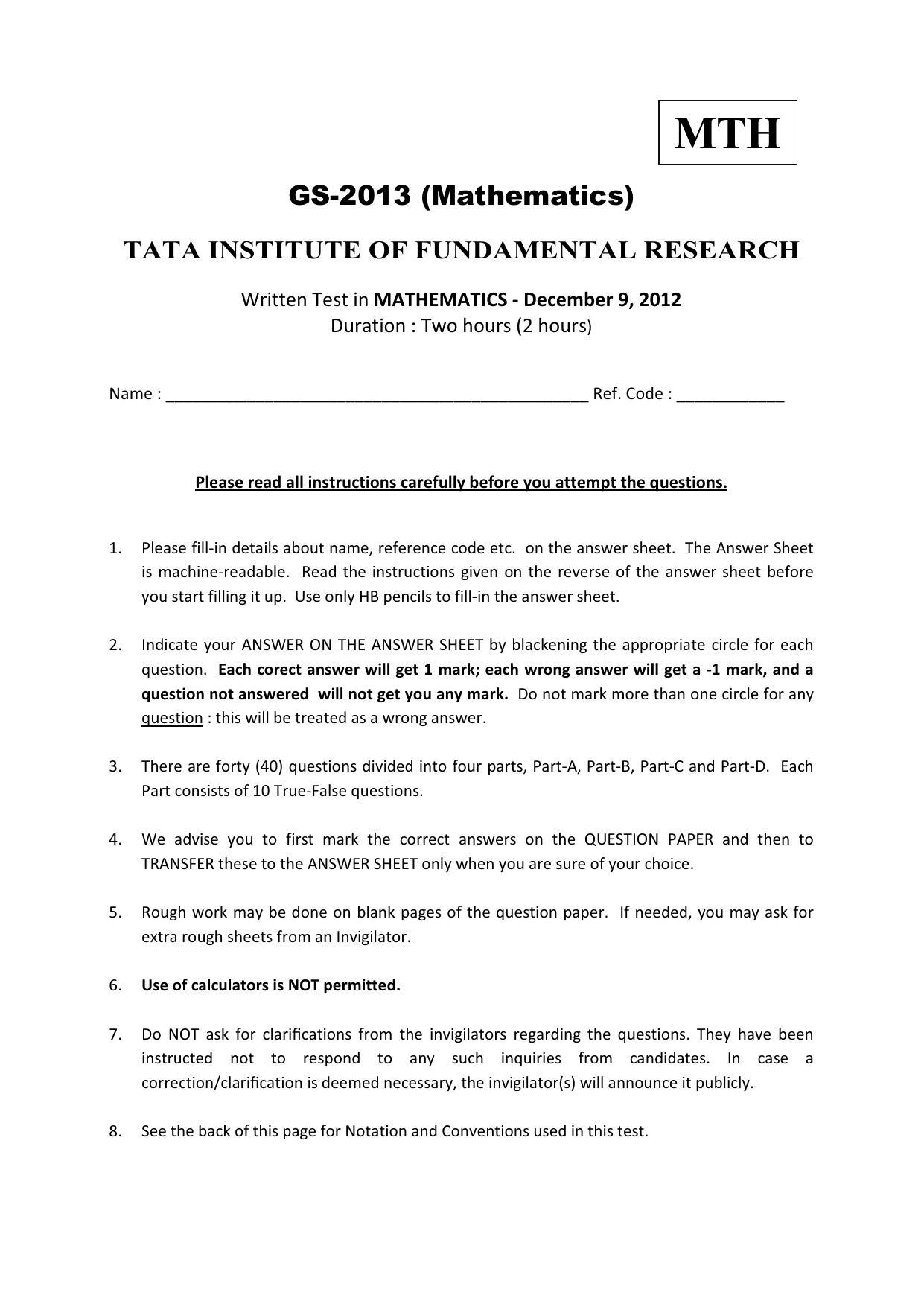 TIFR GS 2013 Mathematics Question Paper - Page 1