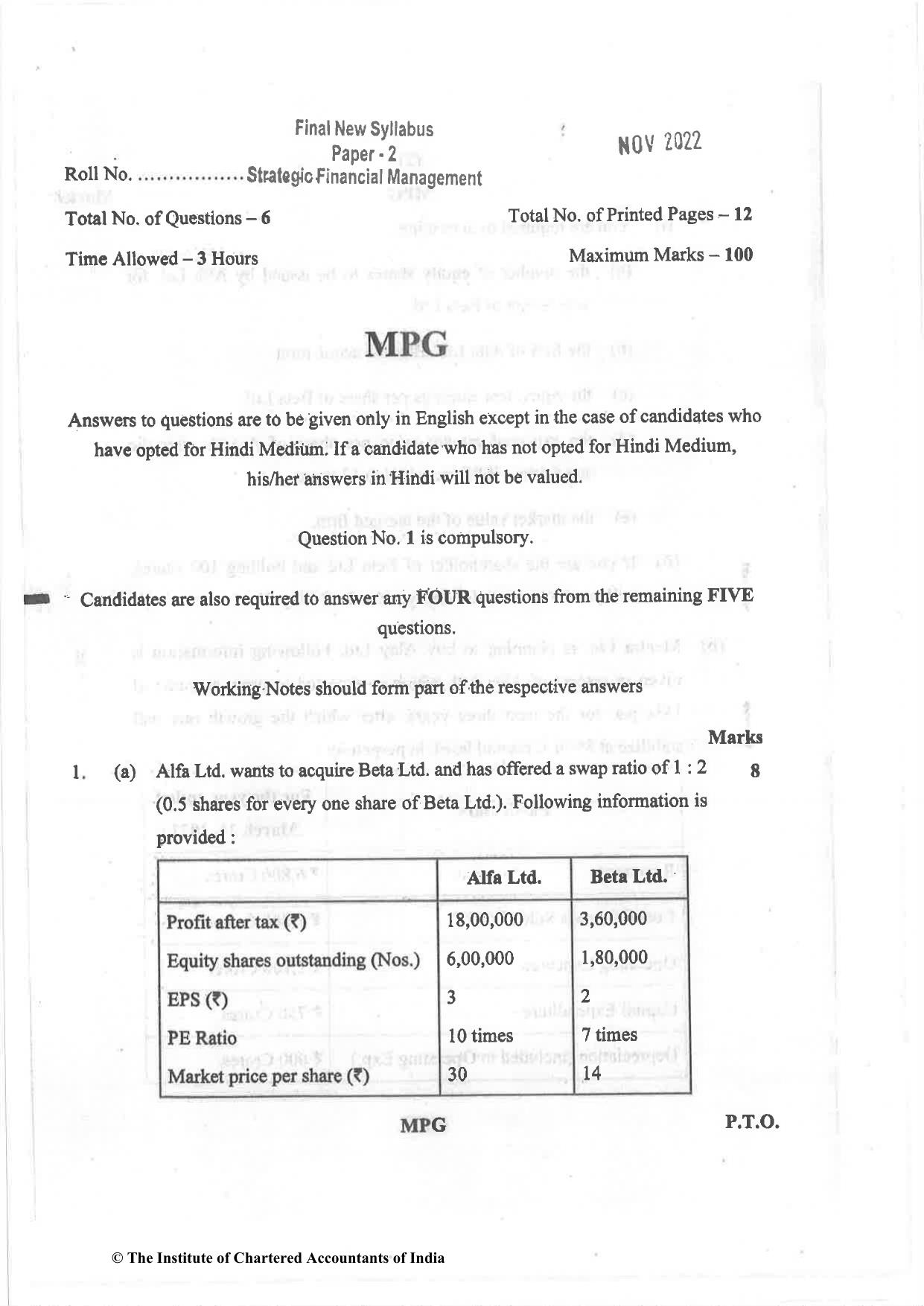CA Final Nov 2022 Question Paper - Paper 2 – Strategic Financial Management - Page 1