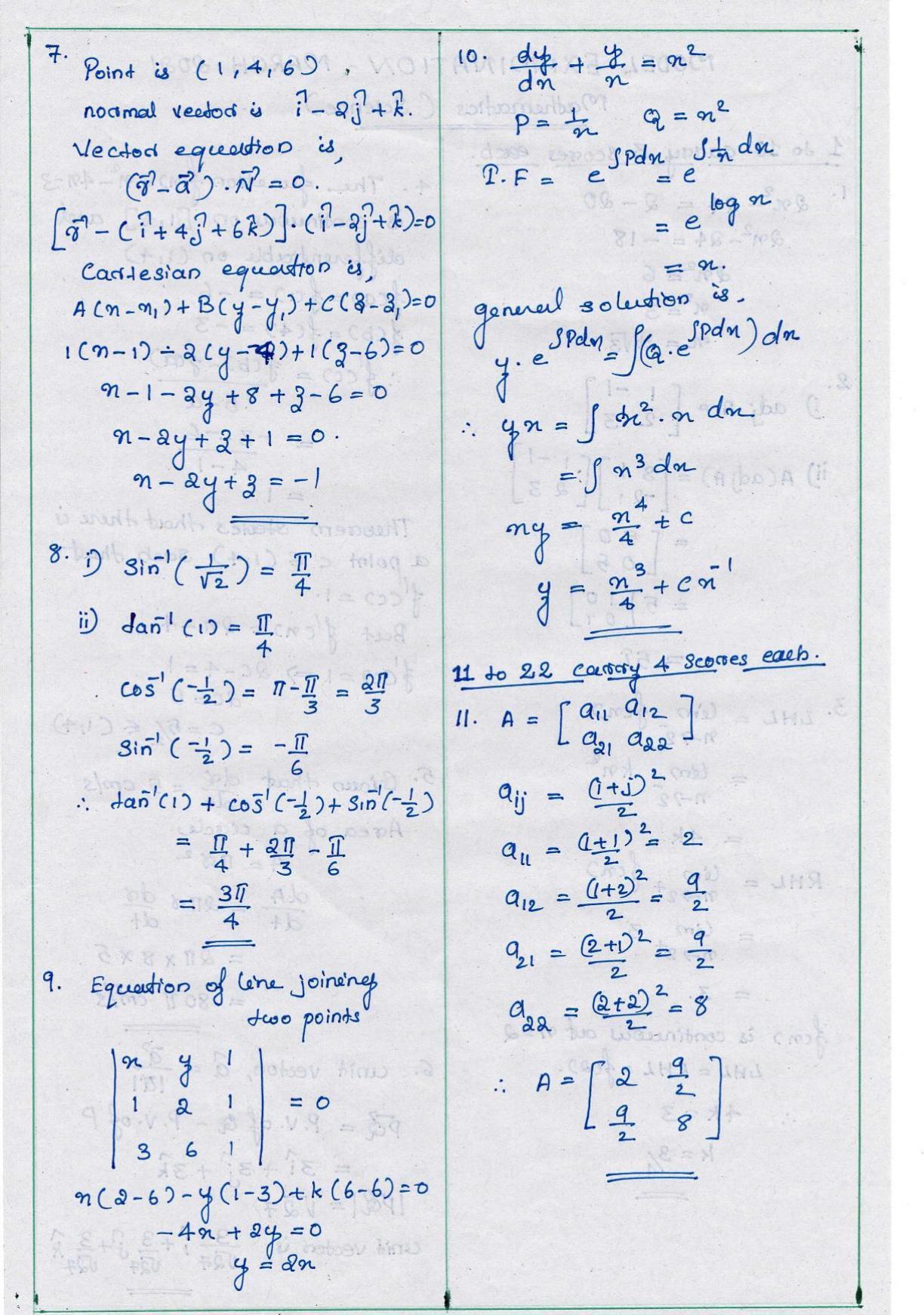 Kerala Plus Two 2021 Maths (Science) Model Answer Key                - Page 2