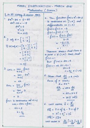 Kerala Plus Two 2021 Maths (Science) Model Answer Key               
