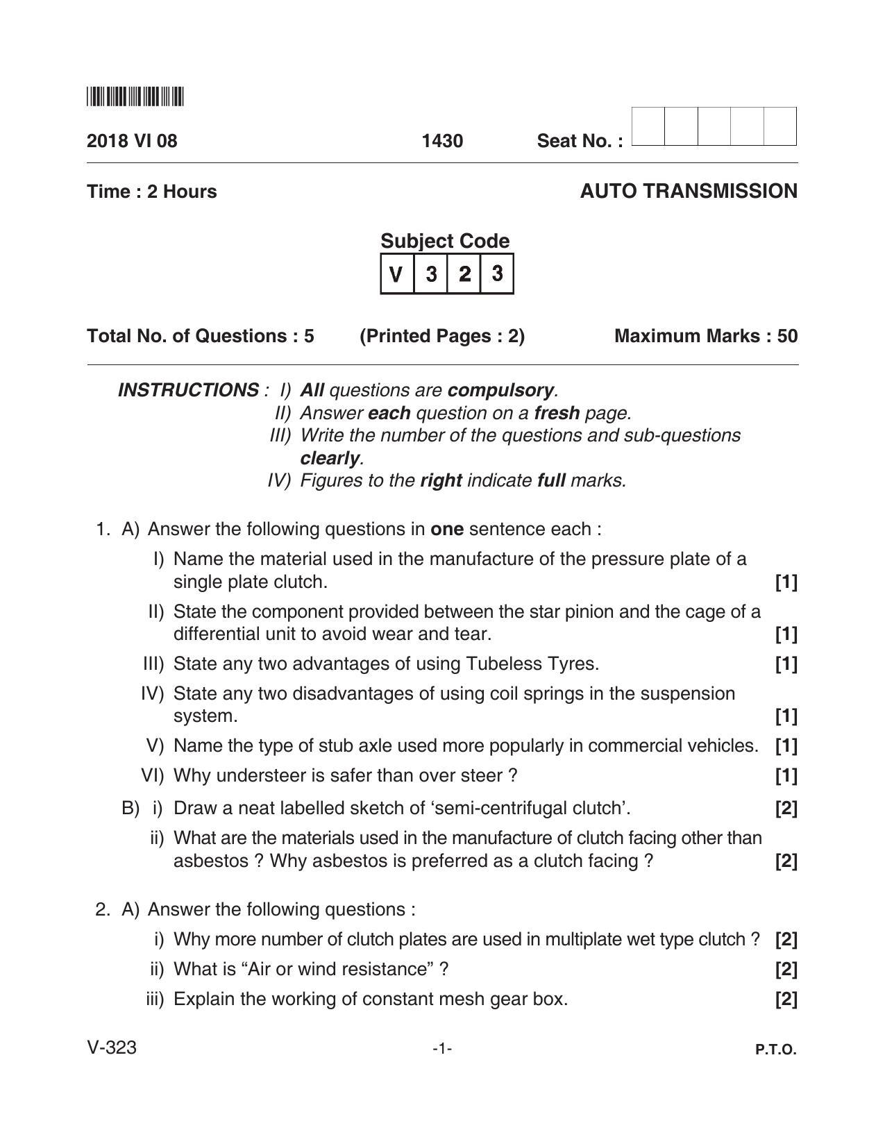 Goa Board Class 12 Auto - Transmission  Voc 323 (June 2018) Question Paper - Page 1