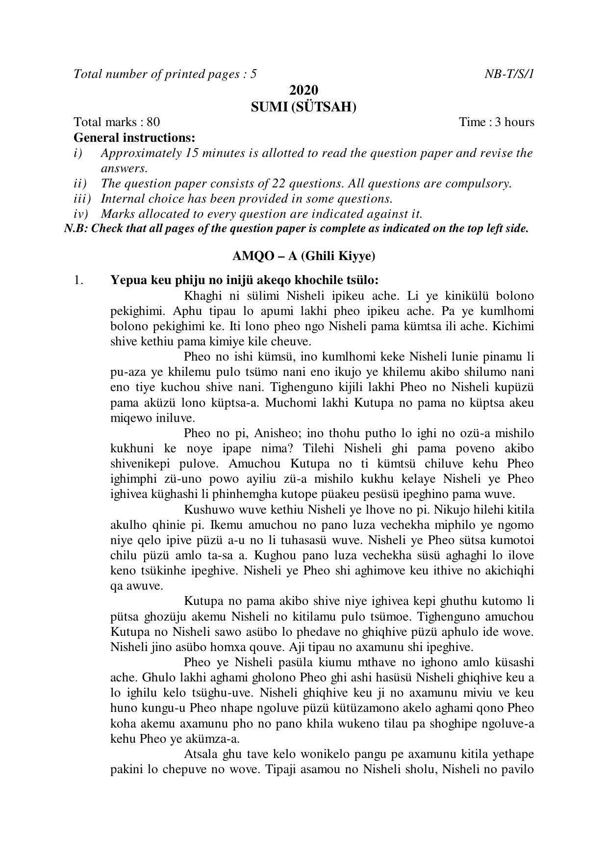 Nagaland Board Class 10 SUMI (SÜTSAH) 2020 Question Paper - Page 1