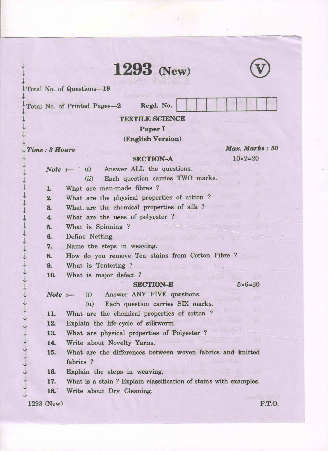 AP Inter 2nd Year Vocational Question Paper March - 2020 - Textile Science-I - Page 1