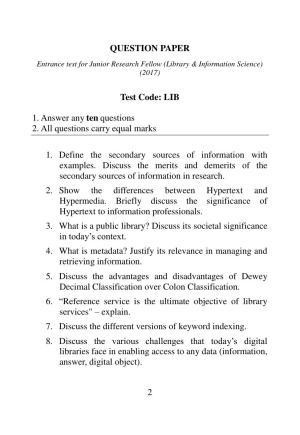 ISI Admission Test JRF in Library and Information Science LIB 2017 Sample Paper