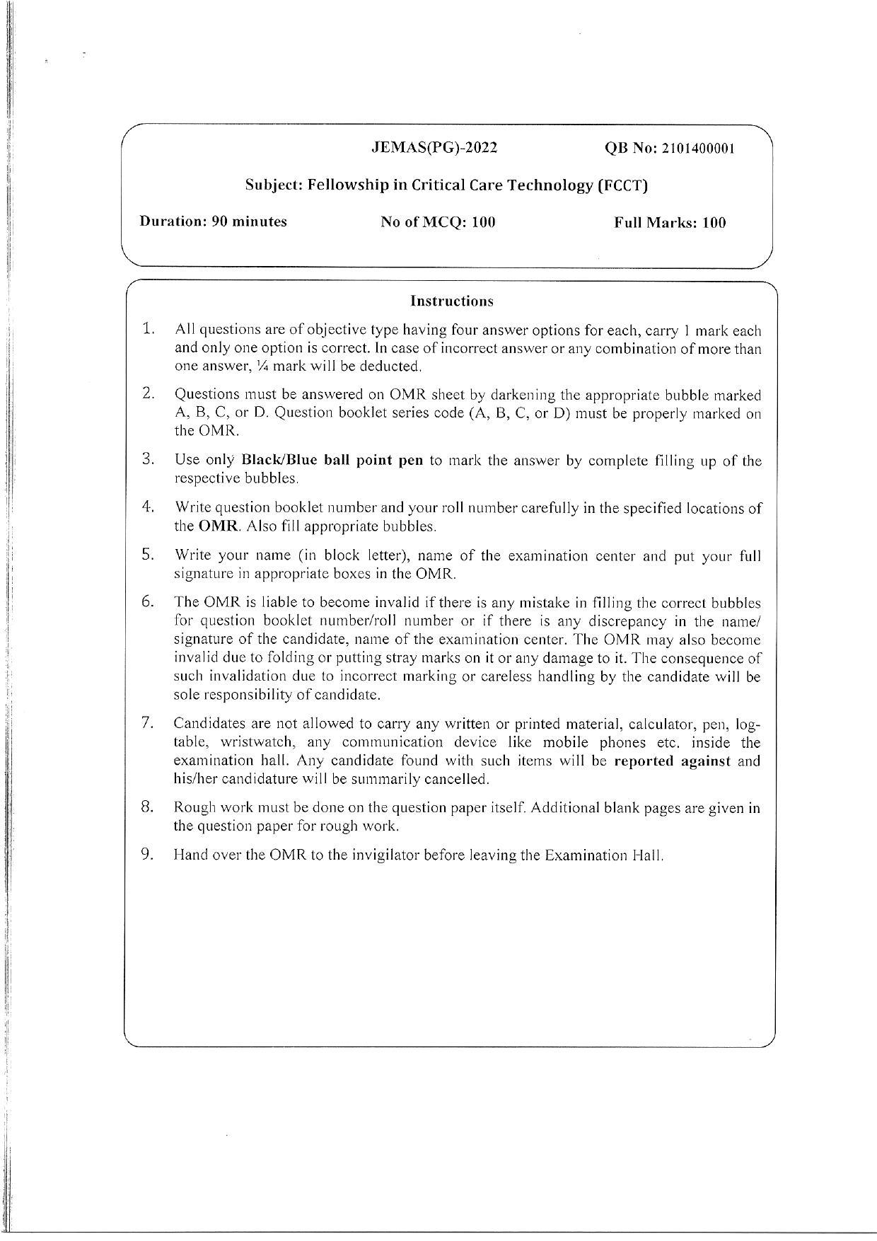 WBJEEB JEMAS (PG) 2022 FCCT Question Paper - Page 1