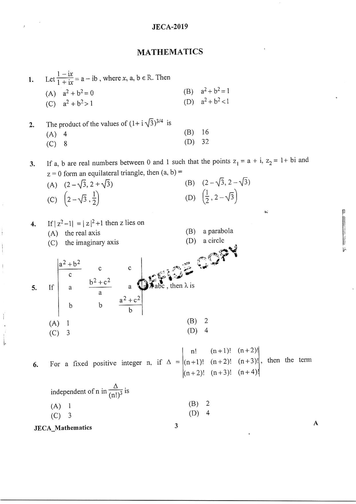 WB JECA 2019 Mathematics Question Paper - Page 3