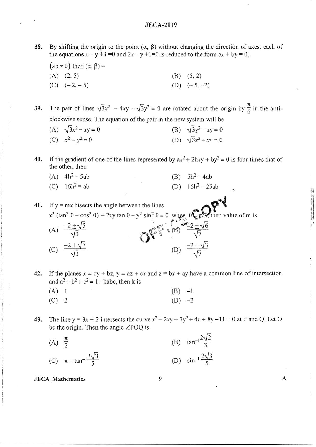 WB JECA 2019 Mathematics Question Paper - Page 9