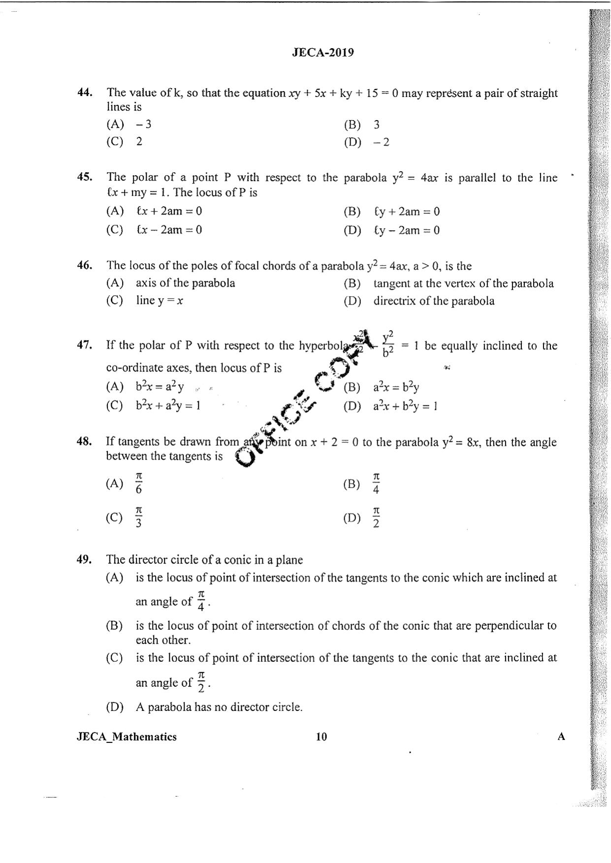 WB JECA 2019 Mathematics Question Paper - Page 10