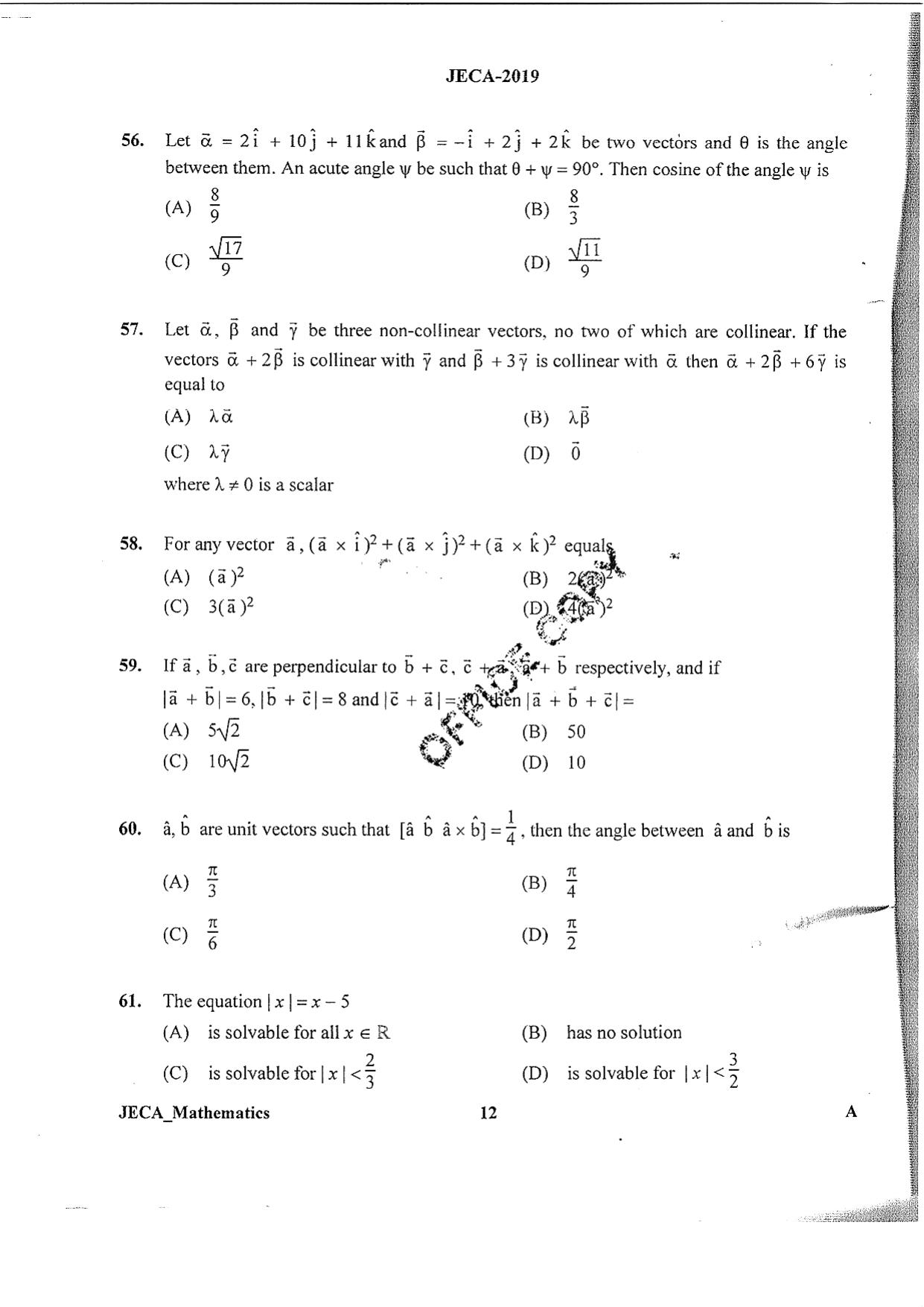 WB JECA 2019 Mathematics Question Paper - Page 12