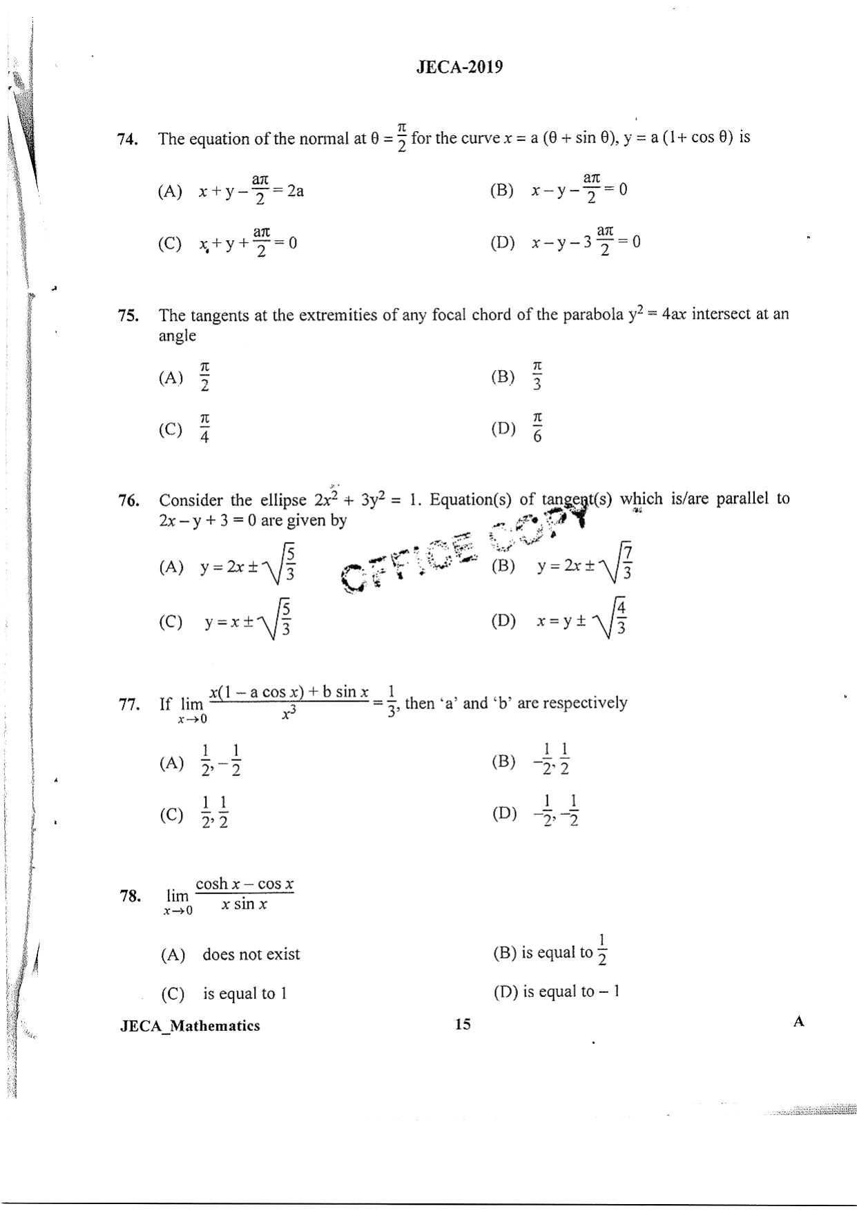 WB JECA 2019 Mathematics Question Paper - Page 15