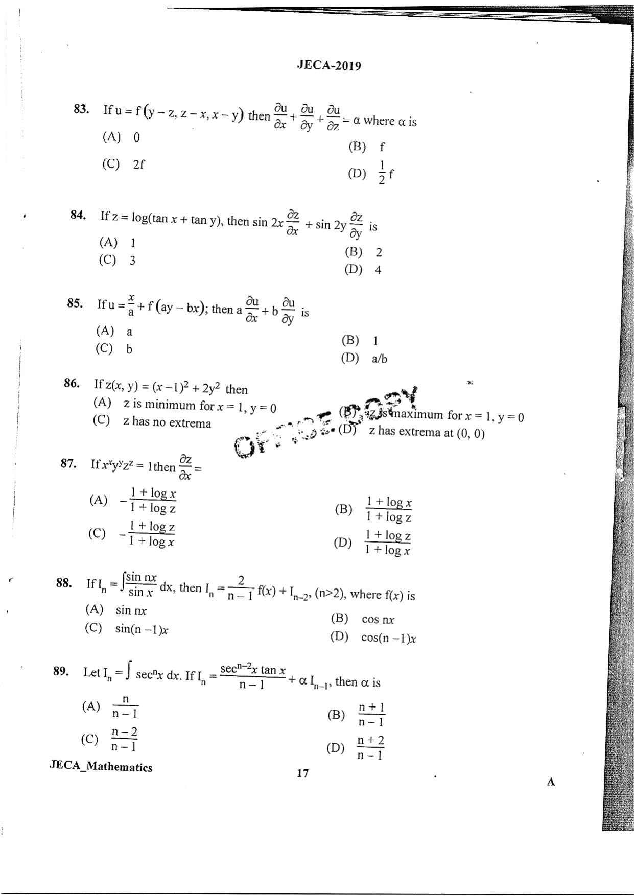 WB JECA 2019 Mathematics Question Paper - Page 17