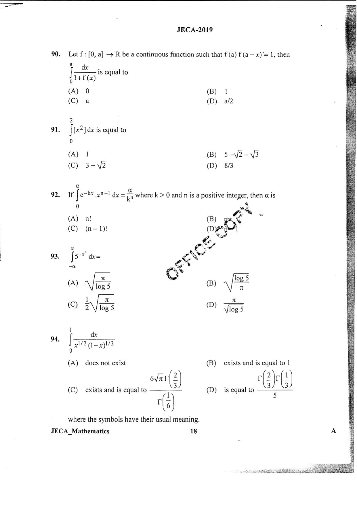WB JECA 2019 Mathematics Question Paper - Page 18